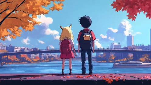 Two students overlook river and city in calm autumn light.