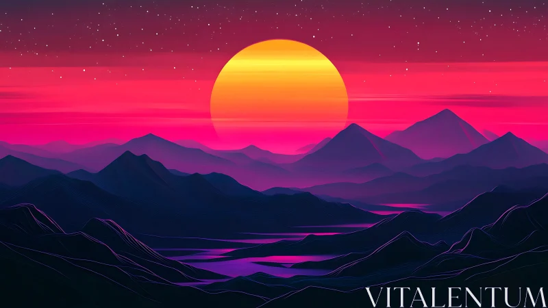 Neon dusk mountains under oversized sun and starry sky.