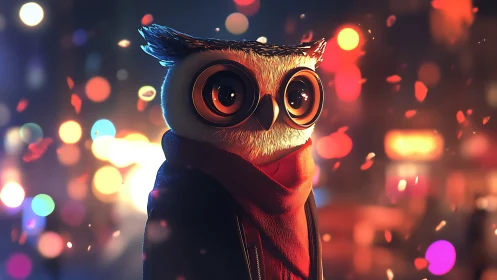 Night city wanderer owl wrapped in ember-bright scarf glow.