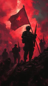 Digital war tableau with flag-bearing silhouette on ridge.