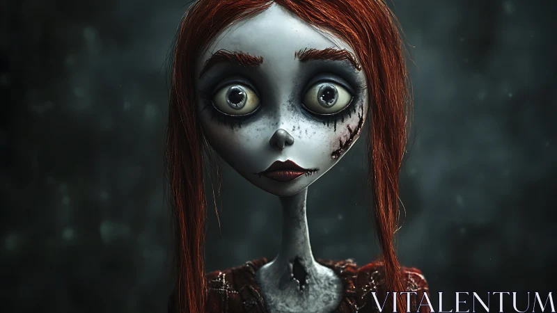 Haunted doll girl measures the darkness with saucer eyes