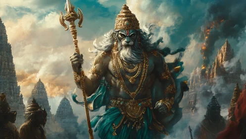 Mythic humanoid lion figure amid burning temple complex.