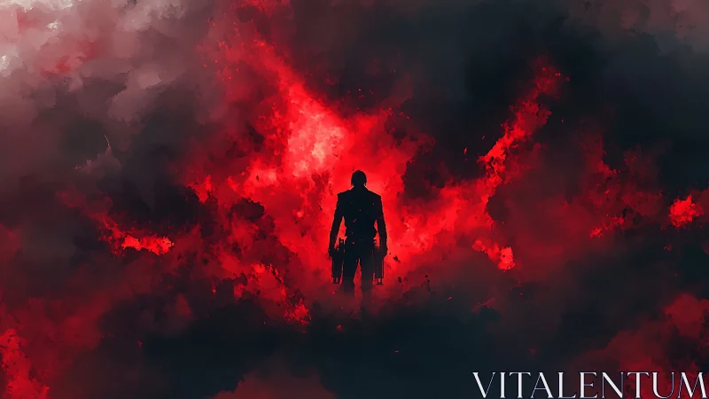 Silhouetted figure stands centered in dense red smoke cloud