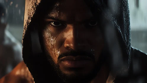 Hooded figure with moisture-covered facial features under dramatic chiaroscuro lighting