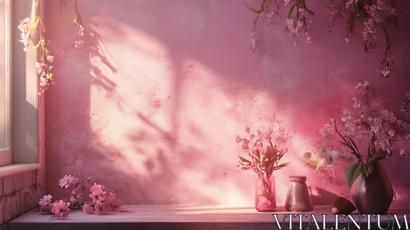 Soft pink still life with blossoms and window light.