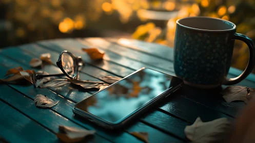 Autumn tabletop still life shows smartphone, mug and glasses in bokeh light
