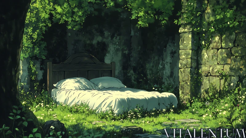 Sunlit forest bedroom tucked inside mossy stone ruins.