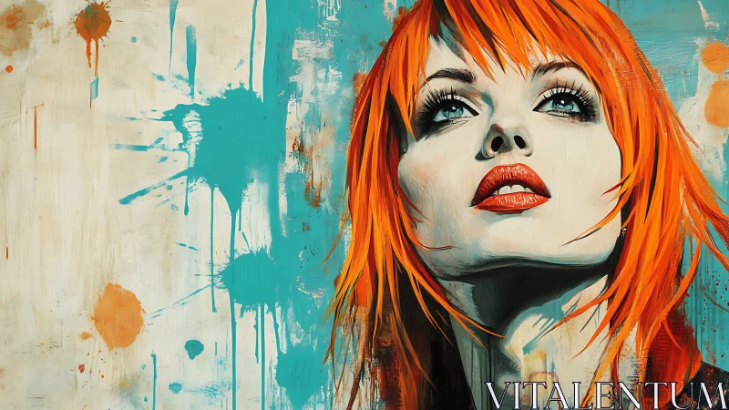 Portrait of orange-haired woman against teal paint splashes