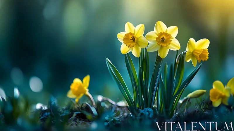 Spring daffodils emerge from misty ground with golden blooms