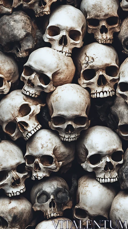 Photorealistic stacked human skull pattern with tonal decay.