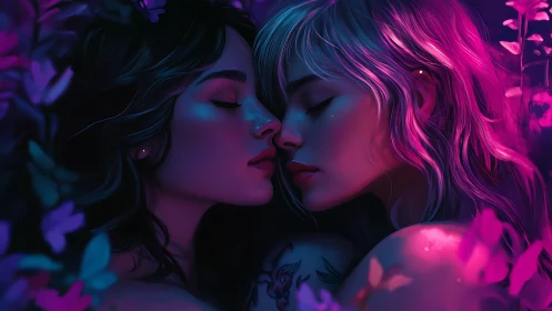 Neon Reverie: Twin Figures in Luminous Botanical Solitude.