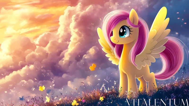 Winged pastel pony gazes at glowing clouds at sunset