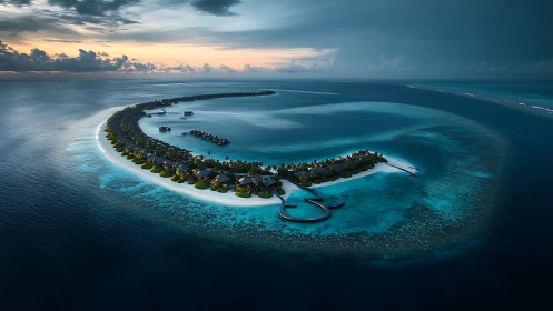 Crescent Island Resort Aerial Dawn. Turquoise Atoll Paradise.