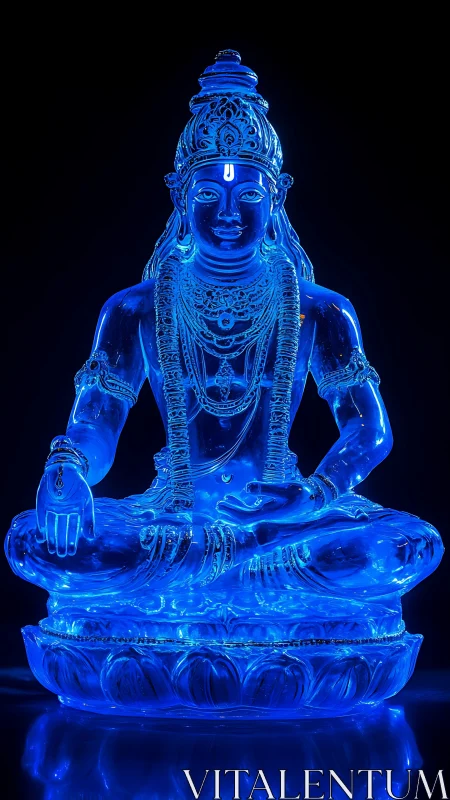 Luminous blue glass deity statue sits in cross-legged pose