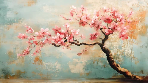 Expressive cherry blossom branch rendered in textured impasto