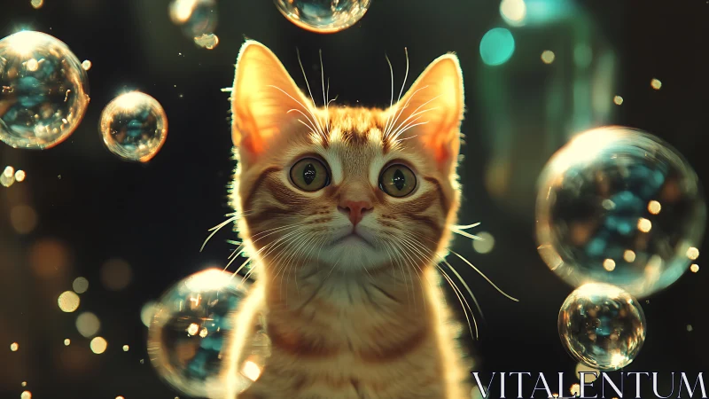 Curious Kitten Floating Among Magical Glowing Bubbles.