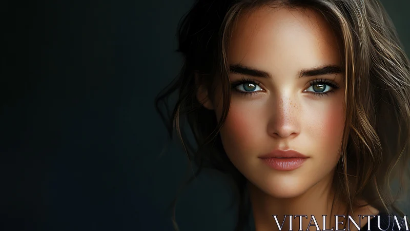 Photorealistic portrait with intense green eyed gaze on dark background.