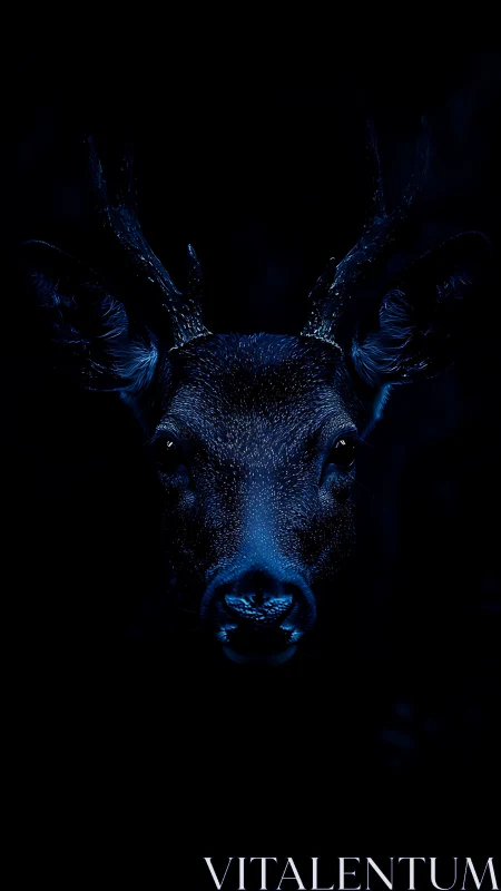 Low-key frontal portrait of deer head in blue light.