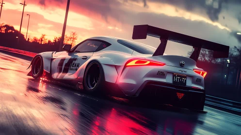 Sleek white sports car glowing against a rainy sunset track.
