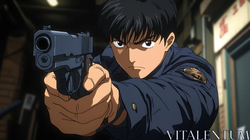 Anime officer aims handgun with intense frontal perspective