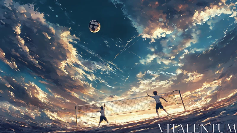 Sky-bent volleyball match vaults a lone ball into twilight clouds