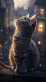 Ethereal Cat Gazing Upward in Mystical Urban Twilight