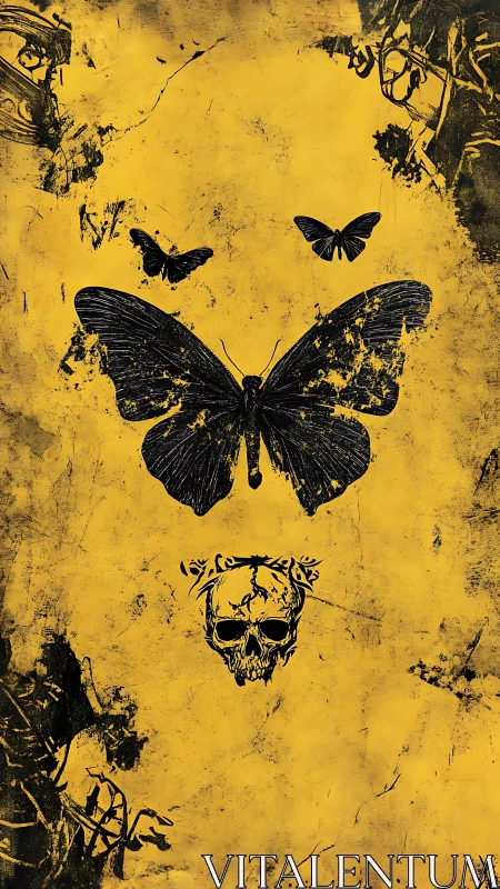 Dark butterfly silhouettes and skull on grunge yellow field.