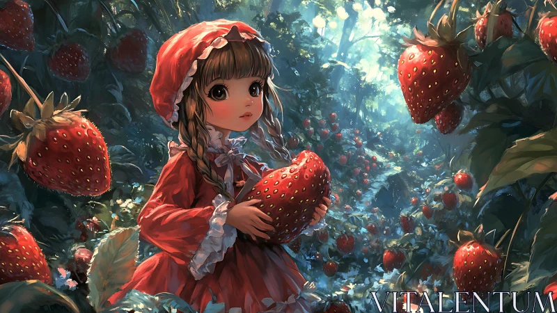 Young girl in red explores a magical strawberry forest.
