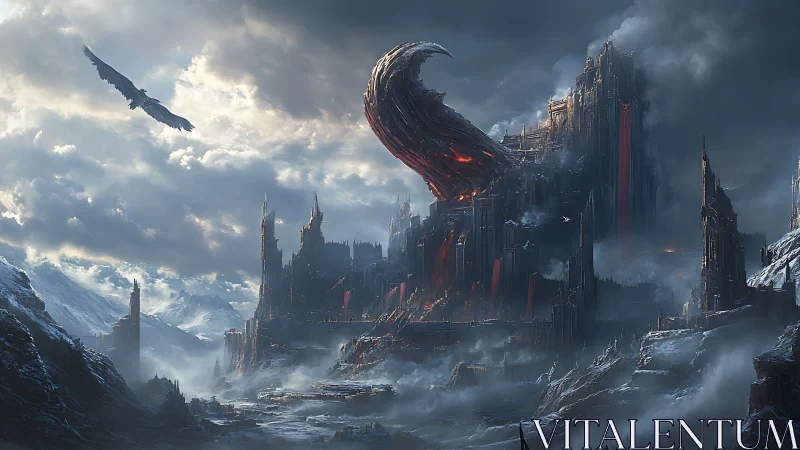 Dark citadel landscape with molten horned fortress architecture.