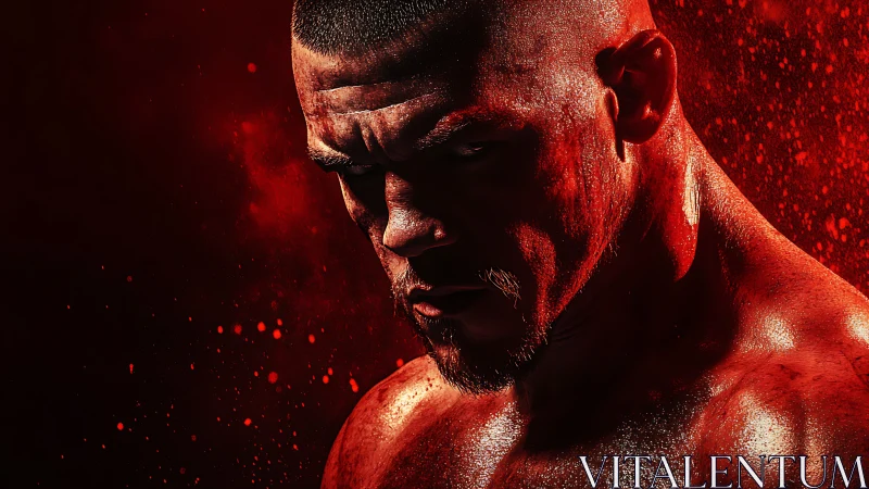 Muscular male figure lit by directional red dramatic lighting