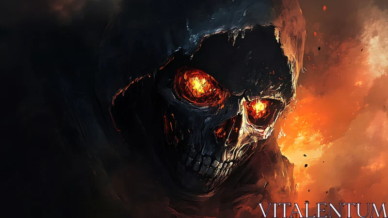 Fiery skull in dark hood emerges from glowing flames