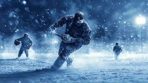 Ice hockey players skate hard through heavy falling snow