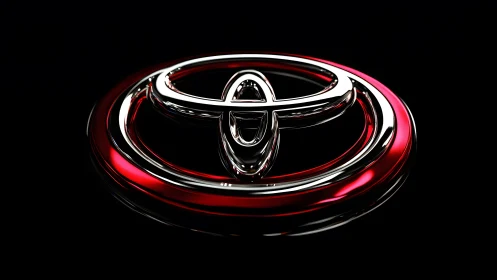 Shiny 3D Toyota Emblem with Red Accents on Black Background.