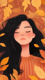 Girl with closed eyes lies among stylized orange autumn leaves