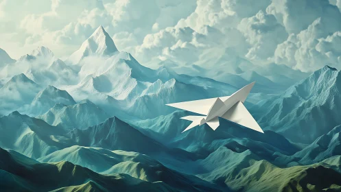 Origami aircraft glides above volumetric-lit alpine ridges and clouds