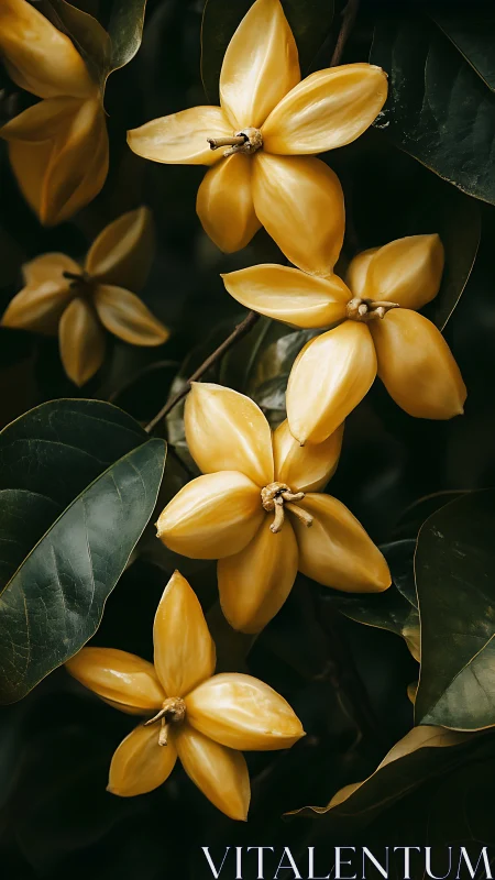 Golden Blossoms Dance: Luminous Flowers Against Emerald Shadow.