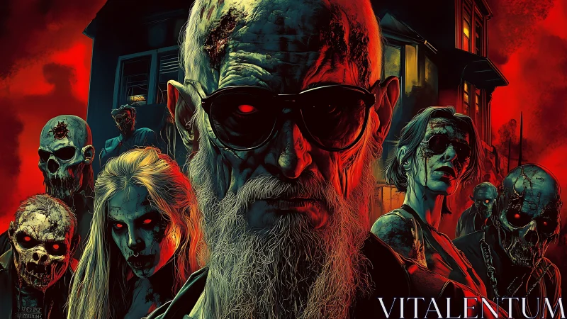 Elderly bearded zombie leader with undead horde, red-lit night