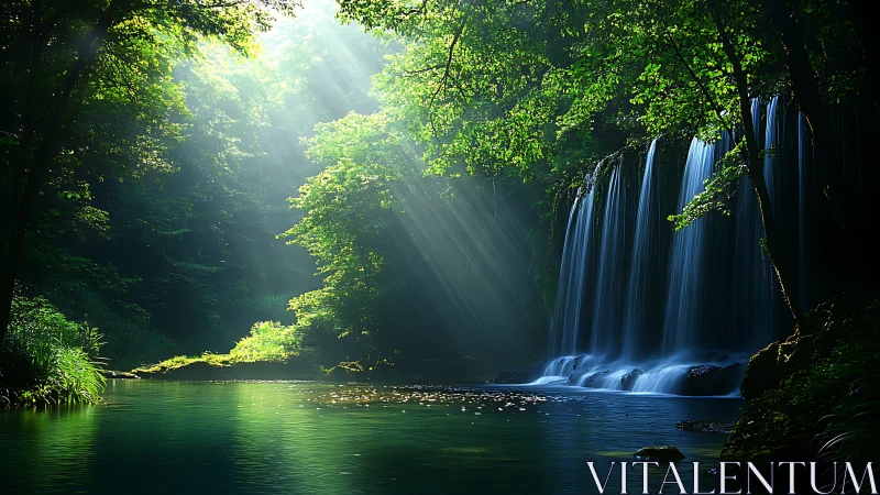 Sunlit forest waterfall pours into still green river pool