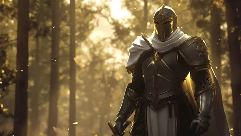 Armored knight in sunlit forest with white cloak and sword.