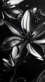 Glossy Floral Form with Water Droplets in Monochrome.