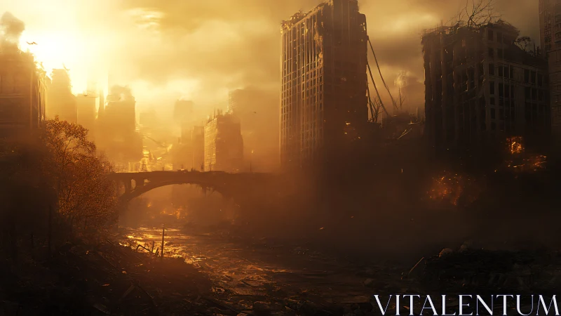 Golden light over a quiet, crumbling city after the storm.