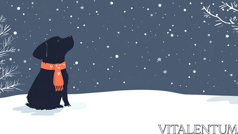 Snowdrifts pause as a scarfed black pup studies the sky