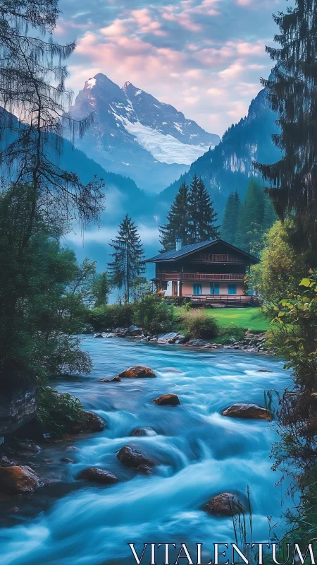 Mountain chalet beside turquoise river at tranquil sunrise.