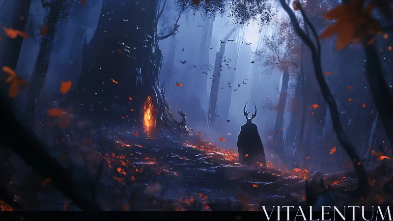 Antlered figure approaches a glowing doorway in haunted woods