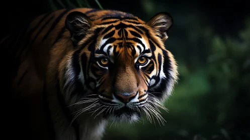 Tiger portrait in low light with focused forward gaze.