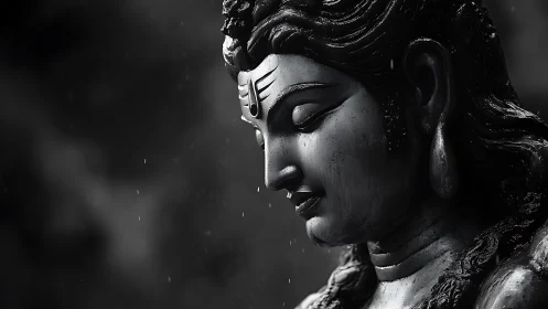 Monochrome close-up of serene Shiva sculpture in rain.