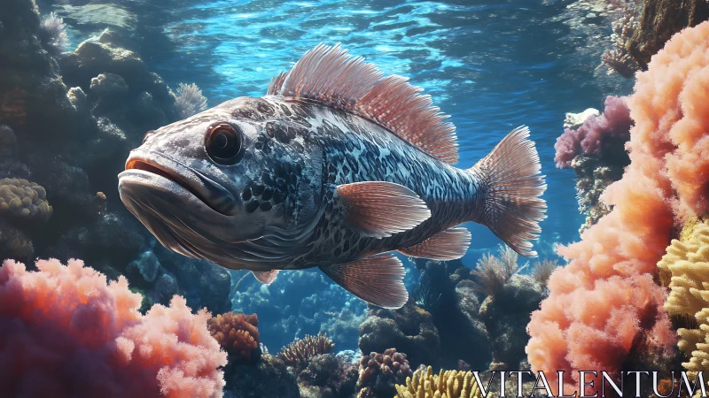 Spotted reef fish swimming among coral structures underwater.