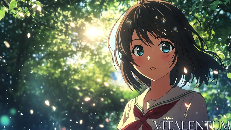 Backlit anime schoolgirl under dappled forest sunlight glow