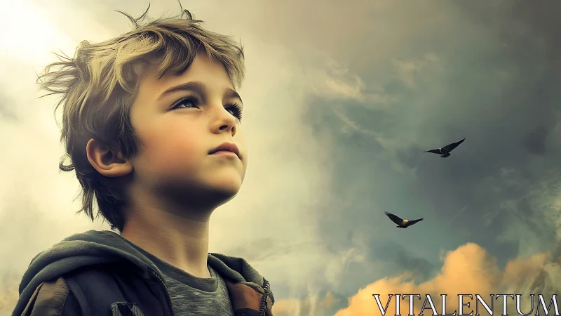 Boy gazing skyward watching birds soar through golden clouds.