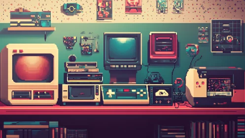 Retro computer lab glows with pixelated neon nostalgia.